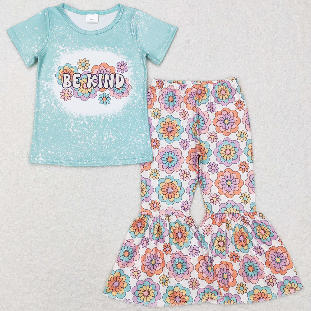 Baby Girls Clothes Be Kind Flowers Tee Tops Flare Bell Pants Sets GSPO1091