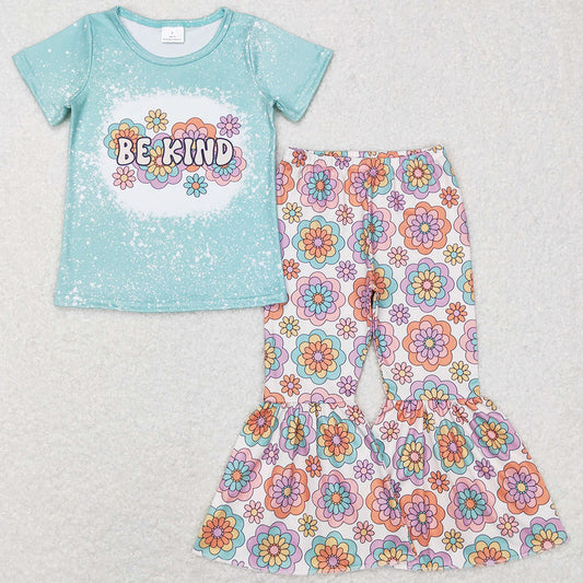 Baby Girls Clothes Be Kind Flowers Tee Tops Flare Bell Pants Sets GSPO1091