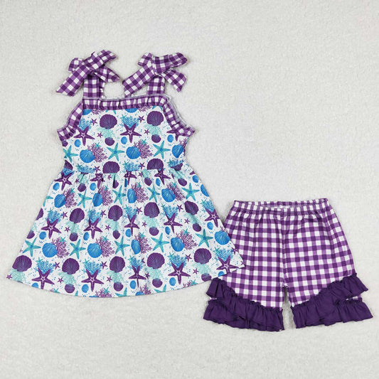 Baby Girls Clothes Straps Purple Starfish Tunic Top Ruffle Shorts Sets GSSO0727