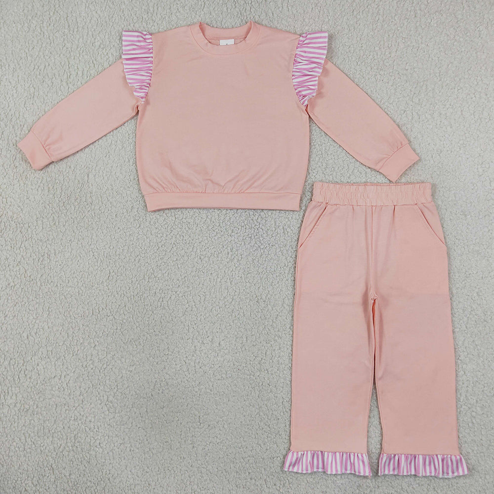Baby Girls Light Pink Stripe Flutter Sleeve Top Pockets Ruffle Pant Clothes Set GLP3702