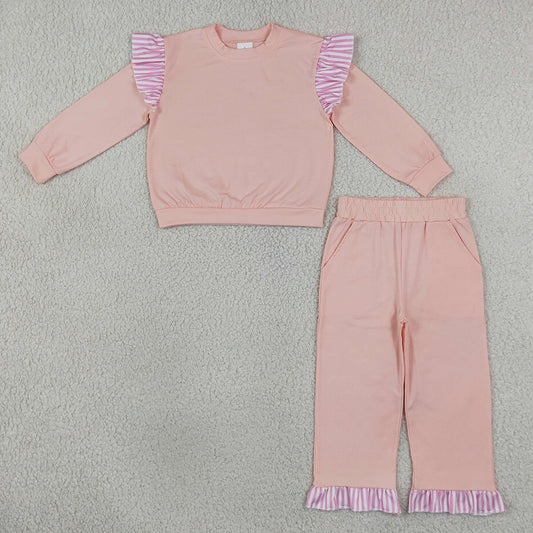 Baby Girls Light Pink Stripe Flutter Sleeve Top Pockets Ruffle Pant Clothes Set GLP3702