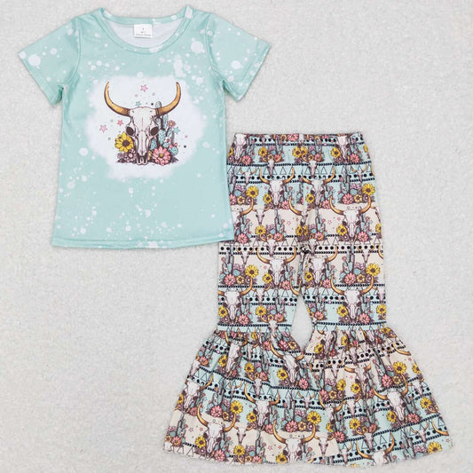 Baby Girls Clothes Cow Skull Short Sleeve Tops Western Sunflower Bell Pants Sets