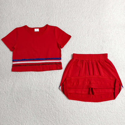 Baby Girls Clothes Red Short Sleeve Stripe Top Skirt Shorts Slouchy Clothes Sets GSD3812