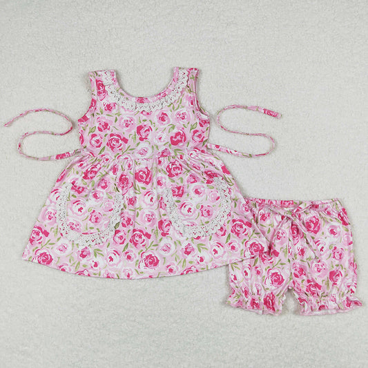 Baby Girls Clothes Pink Rose Flowers Tunic Top Ruffle Shorts Sets GSSO0685