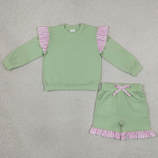 Baby Girls Green Light Pink Stripe Flutter Sleeve Top Pockets Ruffle Short Clothes Sets GLS0220