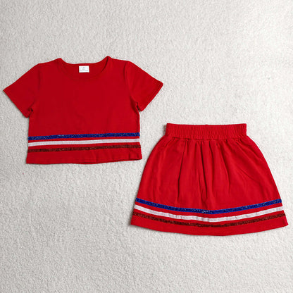 Baby Girls Clothes Red Short Sleeve Stripe Top Skirt Shorts Slouchy Clothes Sets GSD3812
