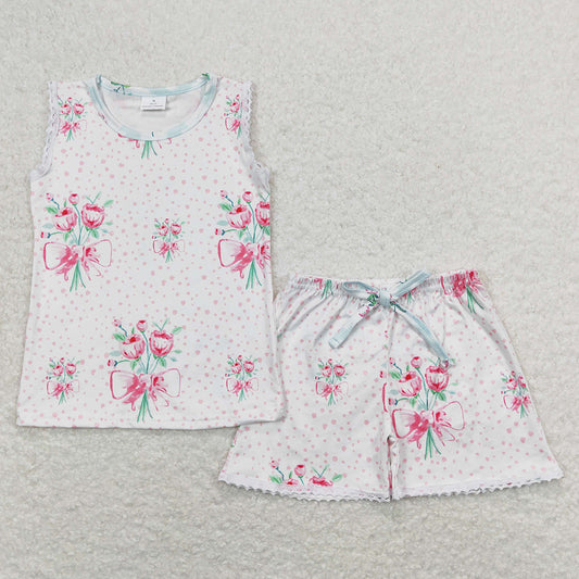 Baby Girls Clothes Pink Sleeveless Flowers Shirt Top Shorts Sets GSSO0693