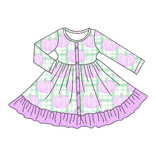 Preorder moq 5 Baby Girls Long Sleeves Aqua Plaid Pumpkins Button Ruffle Knee Length Dresses 5.7