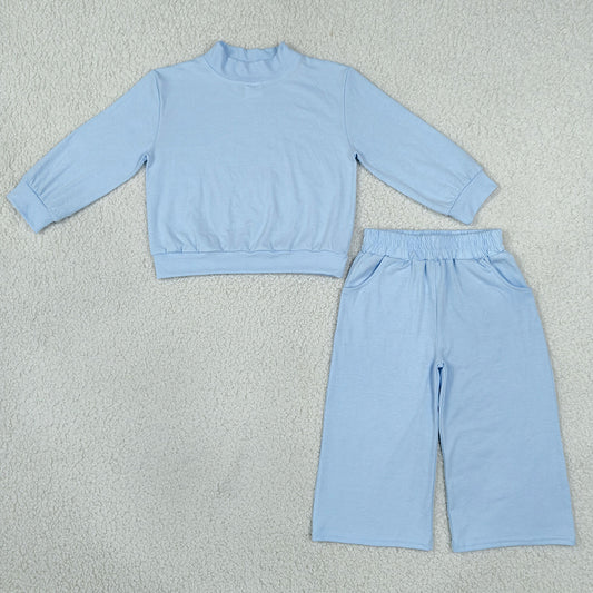 Baby Girls Clothes Light Blue Choker Shirt Top Pockets Flare Pant Clothes Set GLP3472