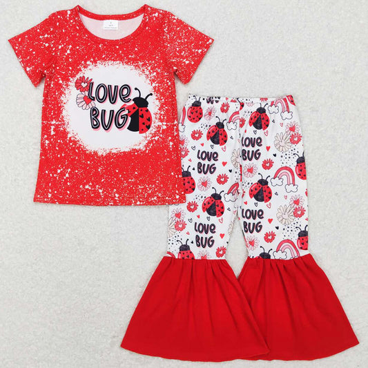 Baby Girls Clothes Valentines Red Love Bug Tops Flare Pants Sets GSPO1102