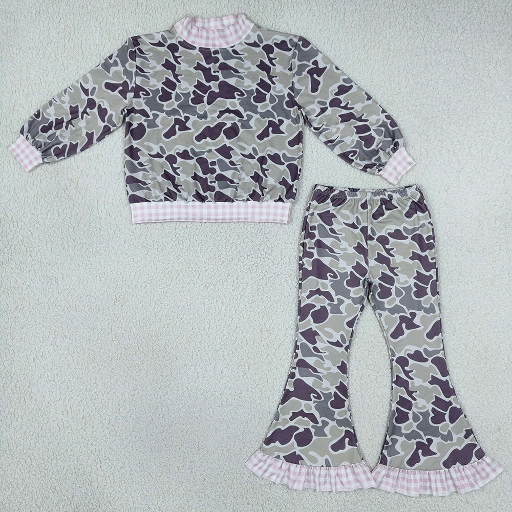 Baby Girls Clothes Long Sleeve Grey Camo Choker Top Ruffle Flare Pant Clothes Set GLP3736