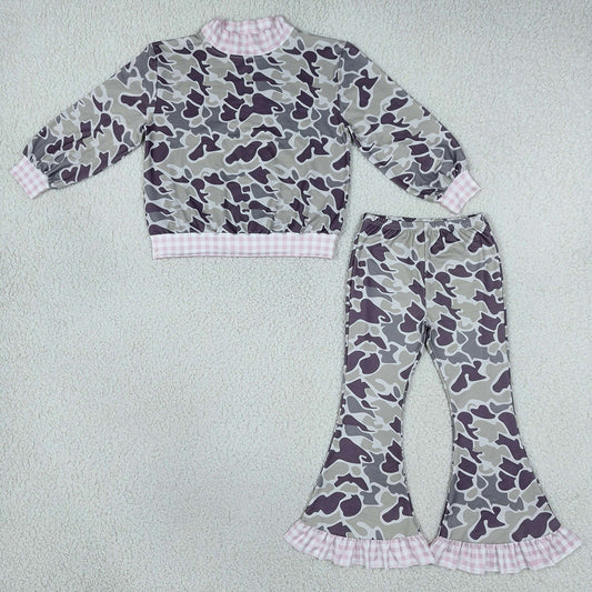 Baby Girls Clothes Long Sleeve Grey Camo Choker Top Ruffle Flare Pant Clothes Set GLP3736