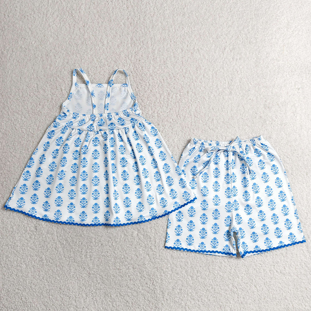 Baby Girls Clothes Strap Blue Flowers Plaid Tunic Short Clothes Sets GSSO3416