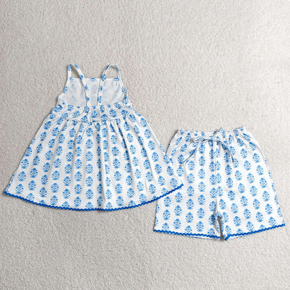 Baby Girls Clothes Strap Blue Flowers Plaid Tunic Short Clothes Sets GSSO3416