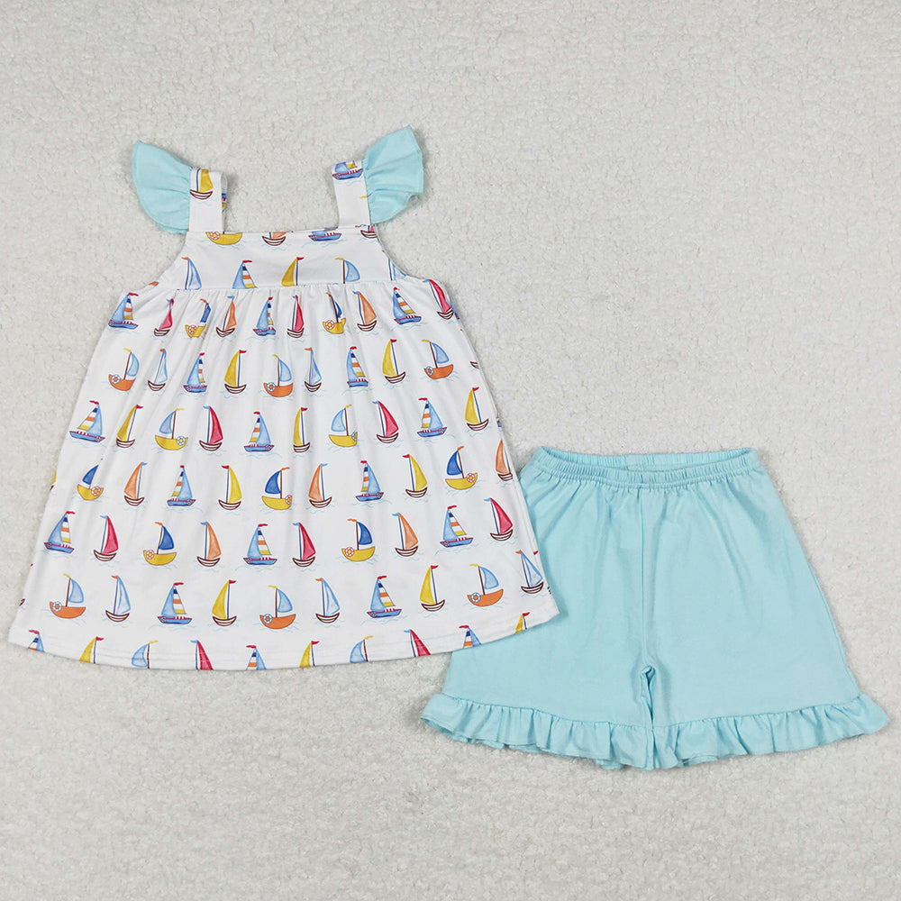 Baby Girls Clothes Sailboat Flutter Sleeve Tunic Top Shorts Sets GSSO0645