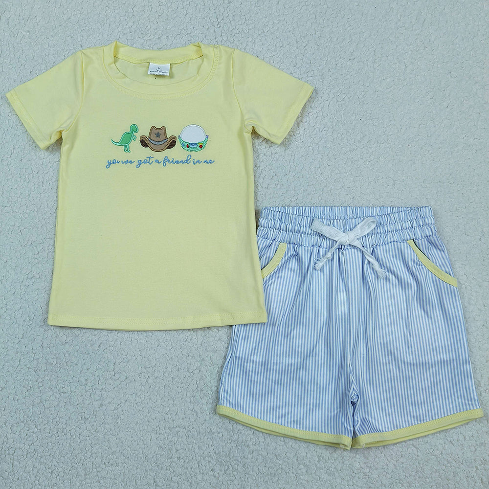 Baby Boys Clothes Embroidery Dinosaur Hats Tops Pockets Stripe Short Clothes Sets BSSO1968