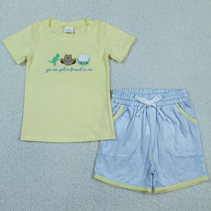 Baby Girls Clothes Embroidery Got a Friend Scallop Tunic Stripe Pockets Short Clothes Sets GSSO3495