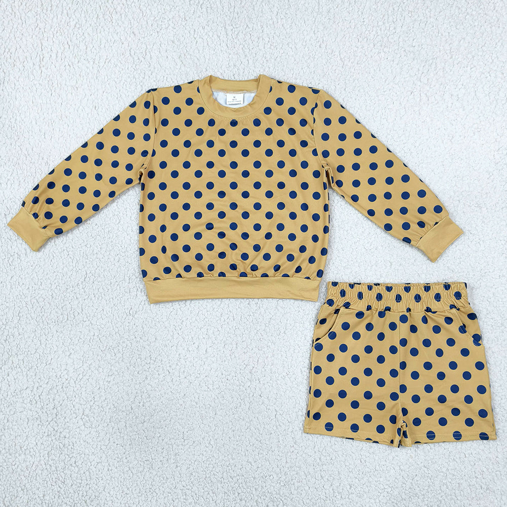 Baby Girls Clothes Mustard Long Sleeve Polka Dots Slouchy Top Pockets Short Clothes Set GLS0205