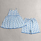 Baby Girls Clothes Strap Blue Flowers Plaid Tunic Short Clothes Sets GSSO3416