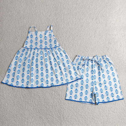 Baby Girls Clothes Strap Blue Flowers Plaid Tunic Short Clothes Sets GSSO3416