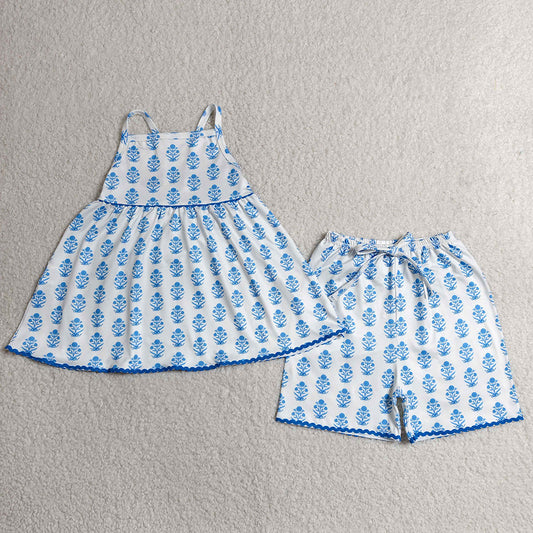 Baby Girls Clothes Strap Blue Flowers Plaid Tunic Short Clothes Sets GSSO3416