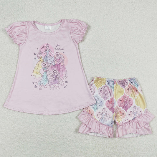 Baby Girls Clothes Pink Princess Short Sleeve Tunic Top Ruffle Shorts Sets GSSO0821