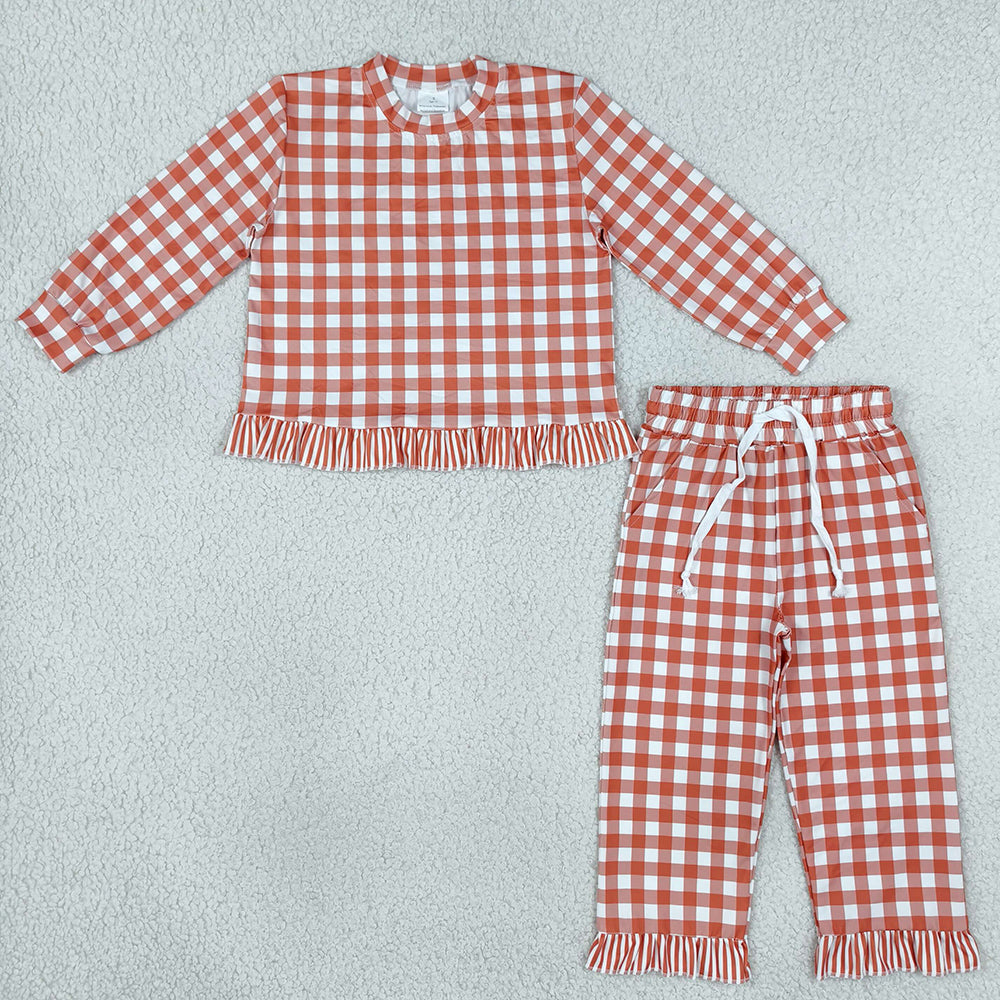 Baby Girls Clothes Orange Checked Top Pockets Ruffle Pant Clothes Sets GLP3672