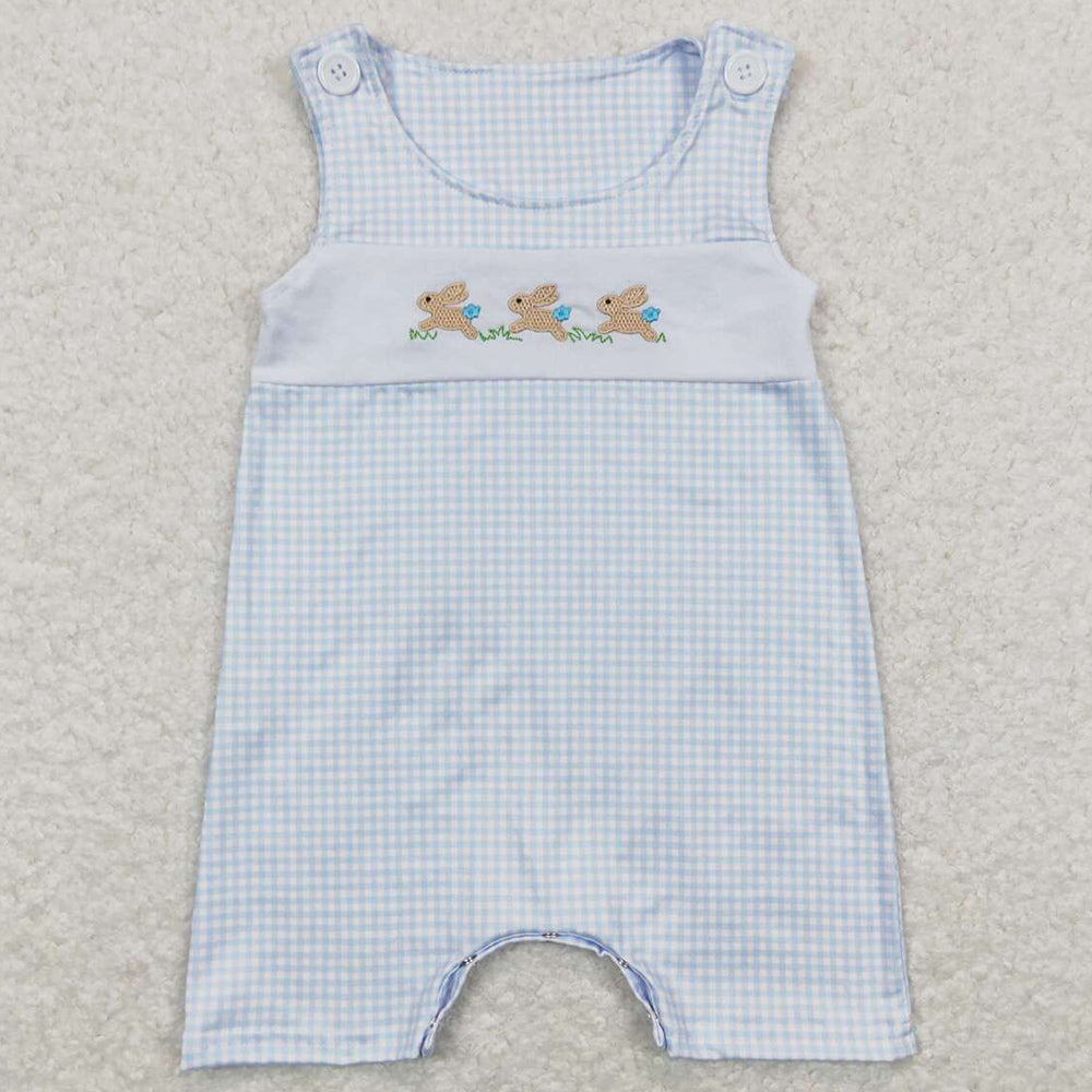 Baby Infant Boys Romper Easter Blue Checkered Rabbits Sleeveless Rompers SR0621