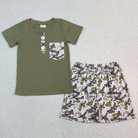 Baby Boys Clothes Olive Button Pocket Top Ducks Camo Shorts Hunting Clothes Sets BSSO1856