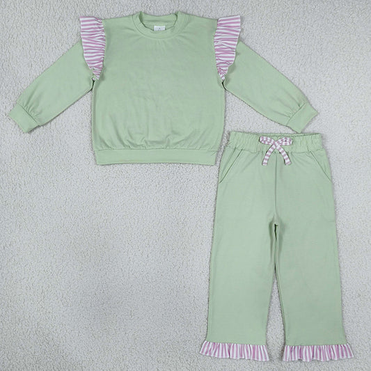 Baby Girls Clothes Light Green Stripe Flutter Sleeve Top Pockets Ruffle Pant Clothes Sets GLP3700