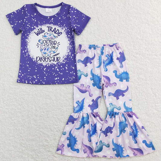 Baby Girls Clothes Purple Dinosaur Short Sleeve Tee Shirts Bell Pants Sets GSPO0915