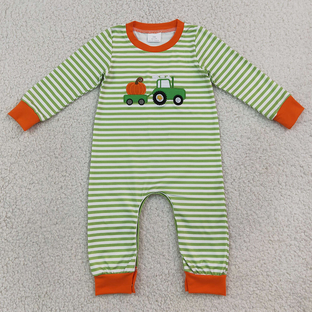 Baby Boys Rompers Embroidery Pumpkin Truck Long Sleeve Green Stripe Fall Pant Rompers LR3036