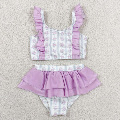 Baby Girls Swimsuits Flowers Stripe Back Bows Top Bummies 2 Piece Swimsuits S0644