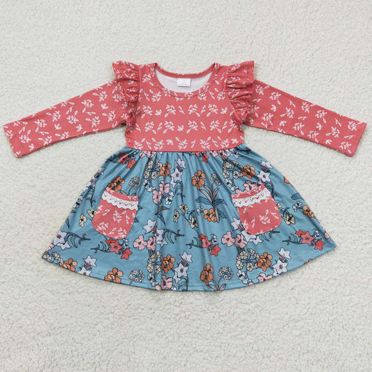 Baby Girls Dress Floral Long Sleeve Pocket Twirl Dresses GLD0338