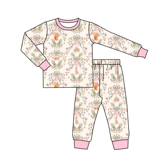 Preorder (moq 8)Baby Girls Flowers Rabbits Squirrels Top Pants Easter Pajamas Sets 9.19
