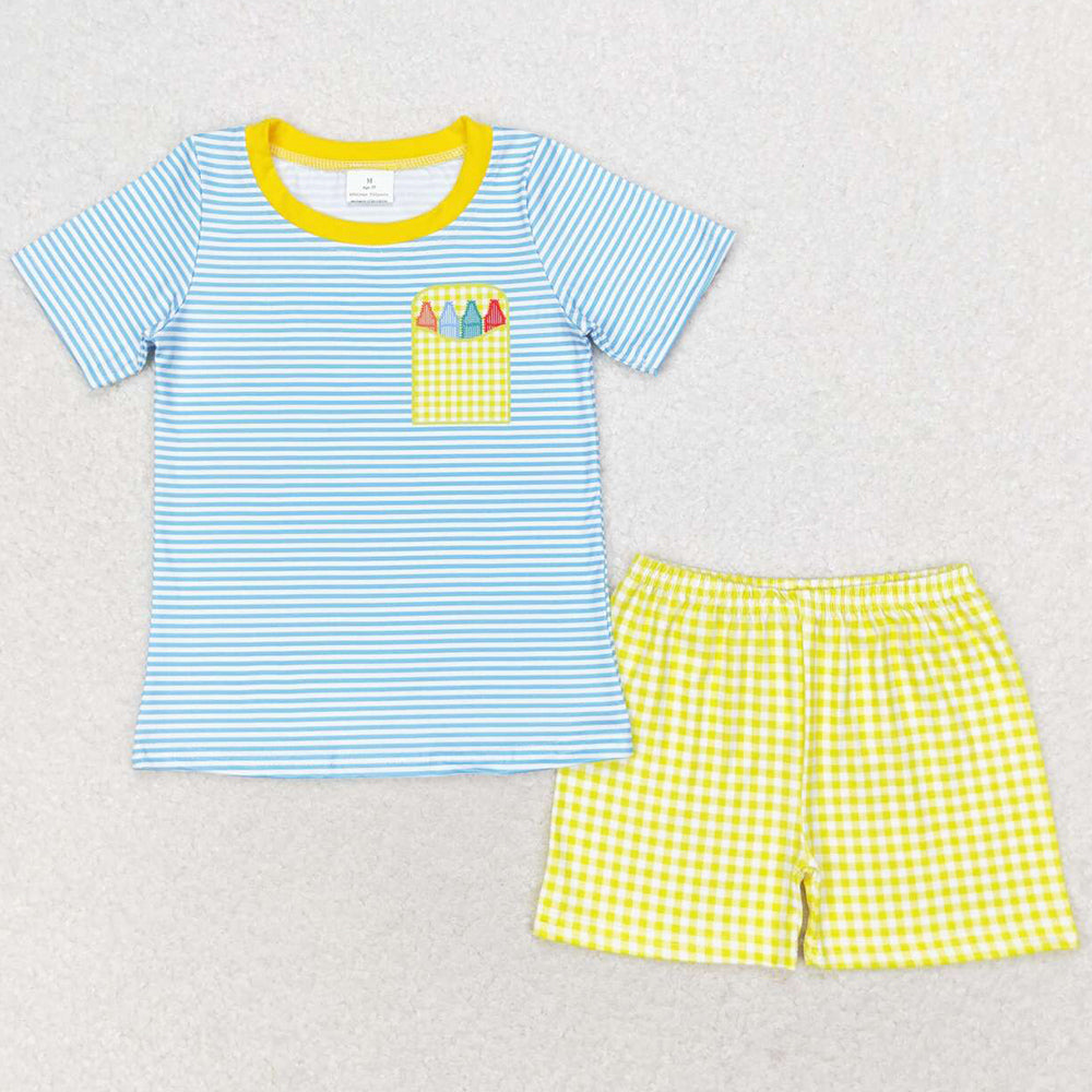 Kids Boys Clothes Blue Stripes Back To School Pencil Shirt Shorts Clothes Sets BSSO0983