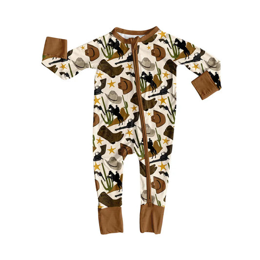 Preorder (moq 8)Baby Boys Hats Horse Rodeos Western Zipper Footie Rompers 9.11