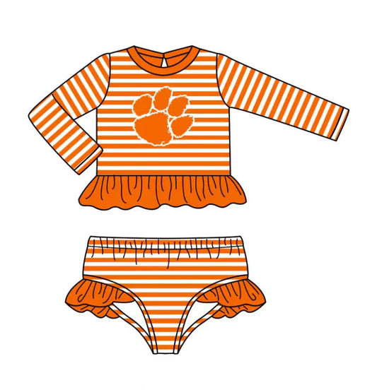 Preorder (moq 5)Baby Girls Orange Stripe Pawls Ruffle Top Bummies Team 2 Piece Swimsuits 12.24