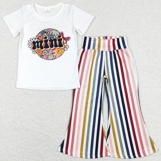 Baby Girls Clothes Mini Flowers White Top Stripes Flare Pants Sets GSPO1114