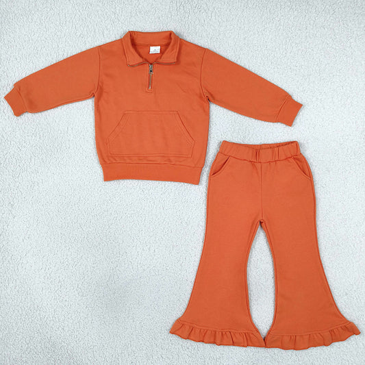 Baby Girls Orange Zip Pockets Top Ruffle Flare Pant Sweater Clothes Set GLP3490