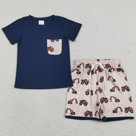 Baby Boys Clothes Navy Shirts Pocket Top Excavators Shorts Clothes Sets BSSO1364