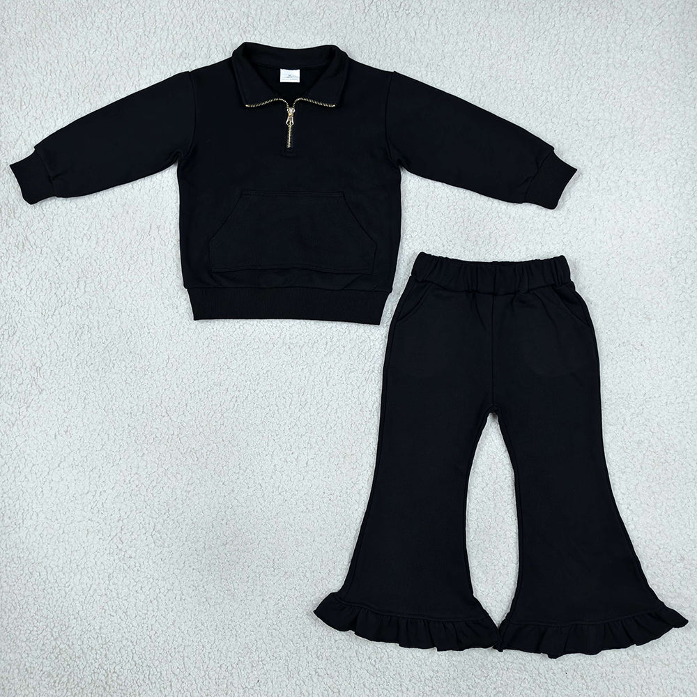 Baby Girls Black Zip Pockets Top Ruffle Flare Pant Sweater Clothes Set GLP3489
