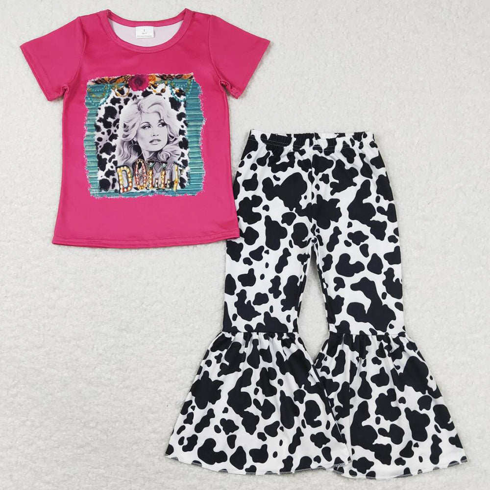 Baby Girls Clothes Short Sleeve Top Cow Print Flare Pants Sets GSPO1110