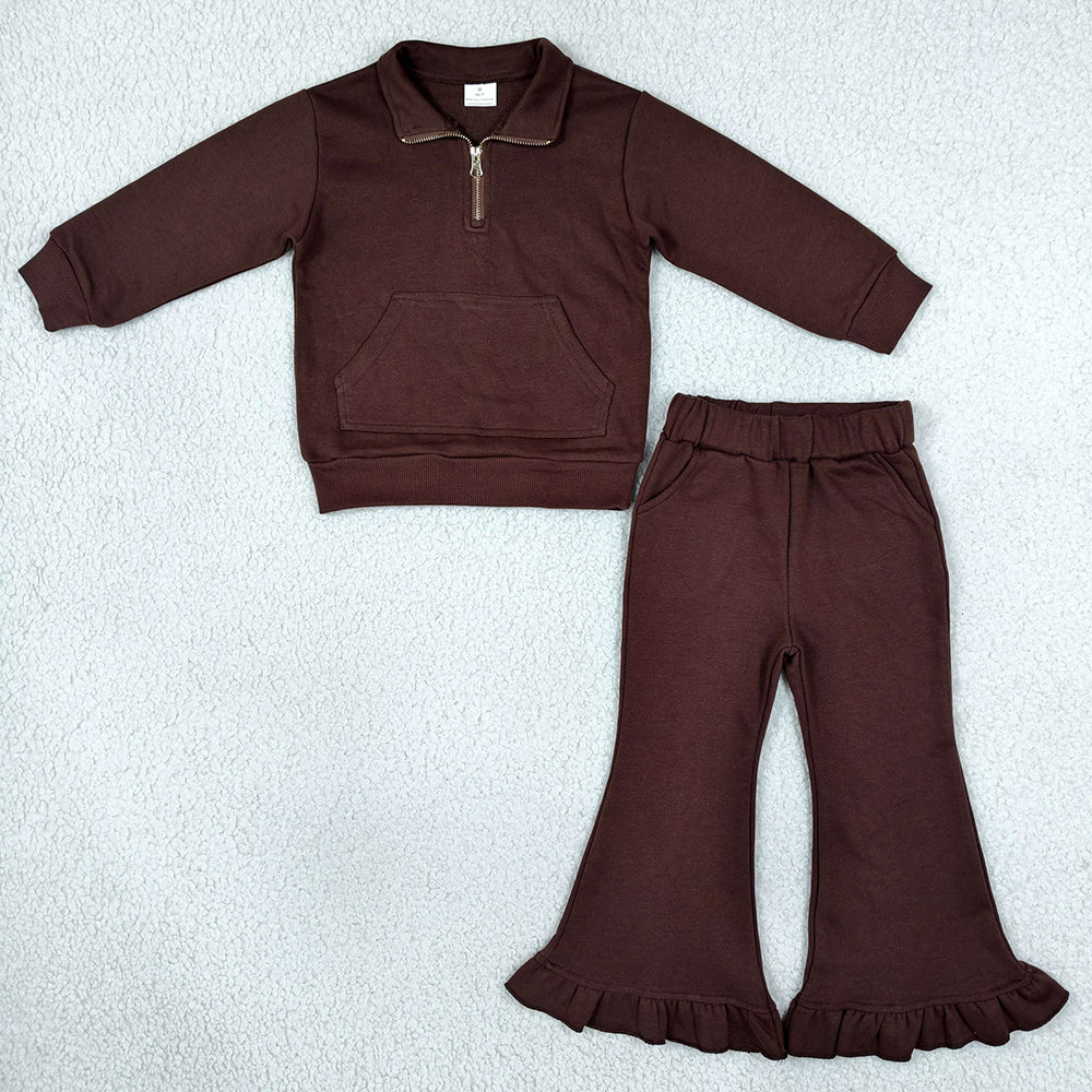 Baby Girls Brown Zip Pockets Top Ruffle Flare Pant Sweater Clothes Set GLP3491