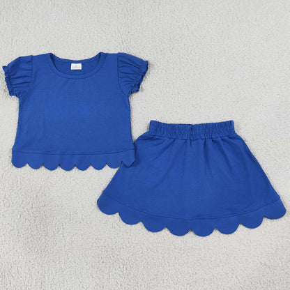 Baby Girls Clothes Hot Blue Lantern Sleeve Top Skirt Short Scallop Clothes Sets GSD3937