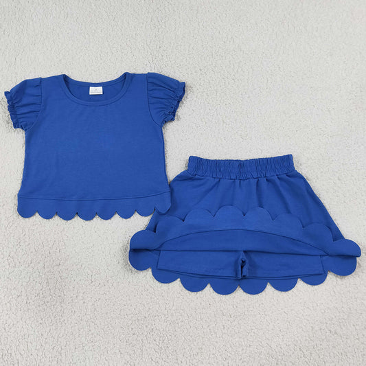 Baby Girls Clothes Hot Blue Lantern Sleeve Top Skirt Short Scallop Clothes Sets GSD3937