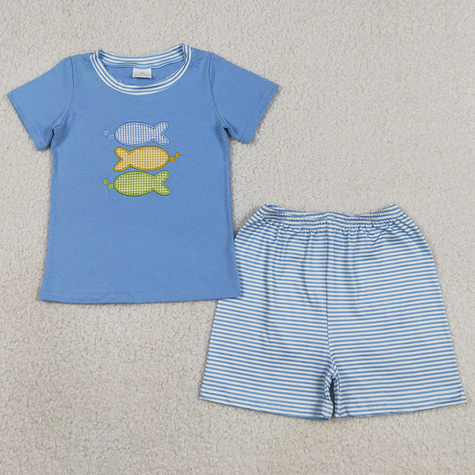 Baby Boys Clothes Embroidery Fishes Top Stripe Shorts Hunting Clothes Sets BSSO1905