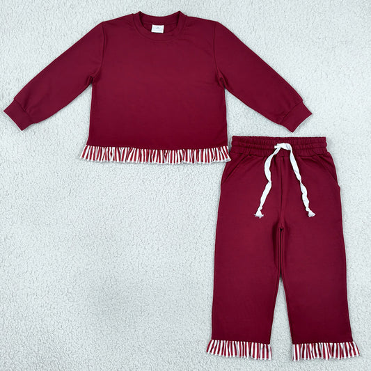 Baby Girls Clothes Maroon Long Sleeve Top Pockets Ruffle Pant Clothes Set GLP3829
