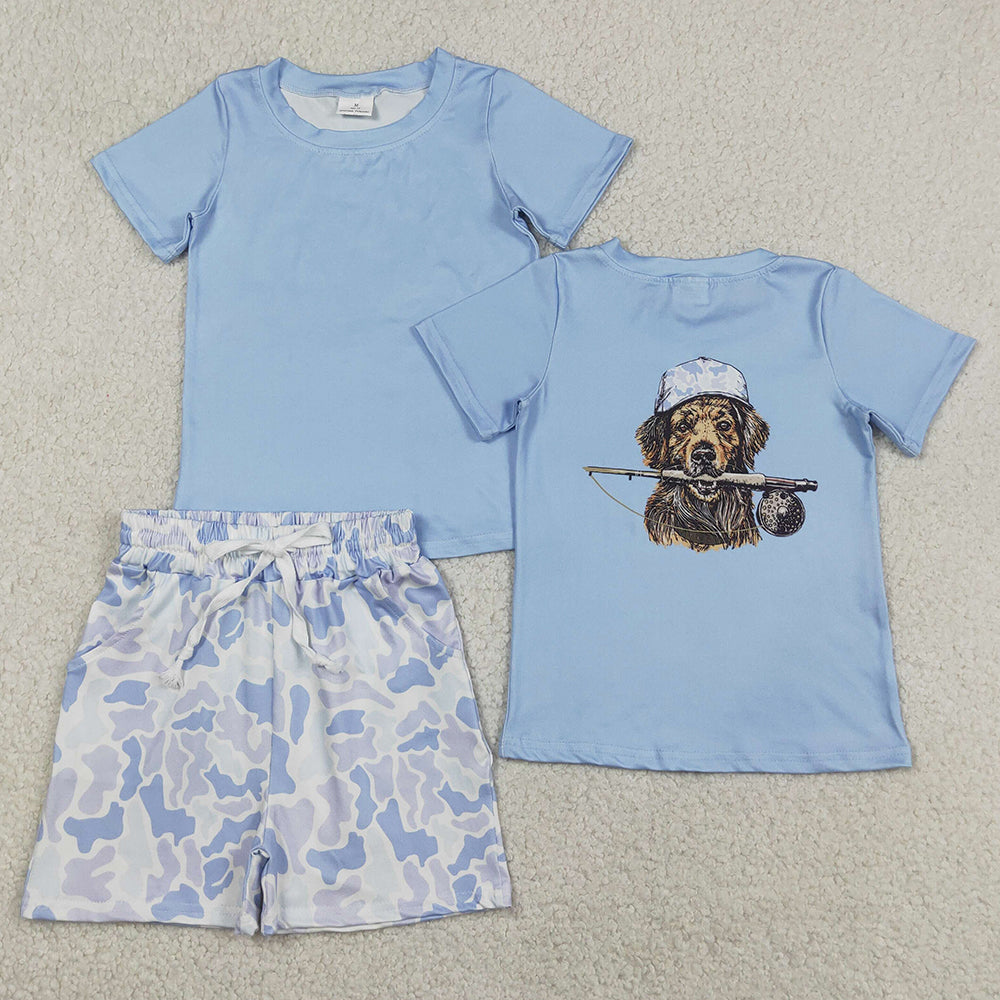 Baby Boys Clothes Back Dog Fishing Top Light Blue Camo Pockets Shorts Hunting Clothes Set BSSO2015