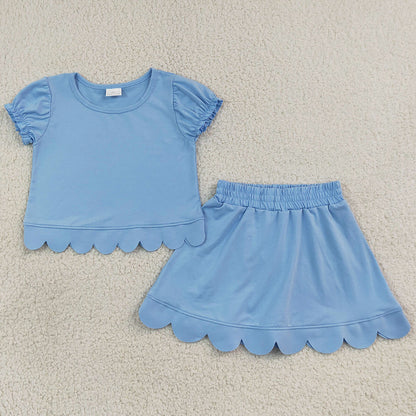 Baby Girls Clothes Blue Short Ruffle Sleeve Tops Skirt Short Scallop Clothes Sets GSD3933